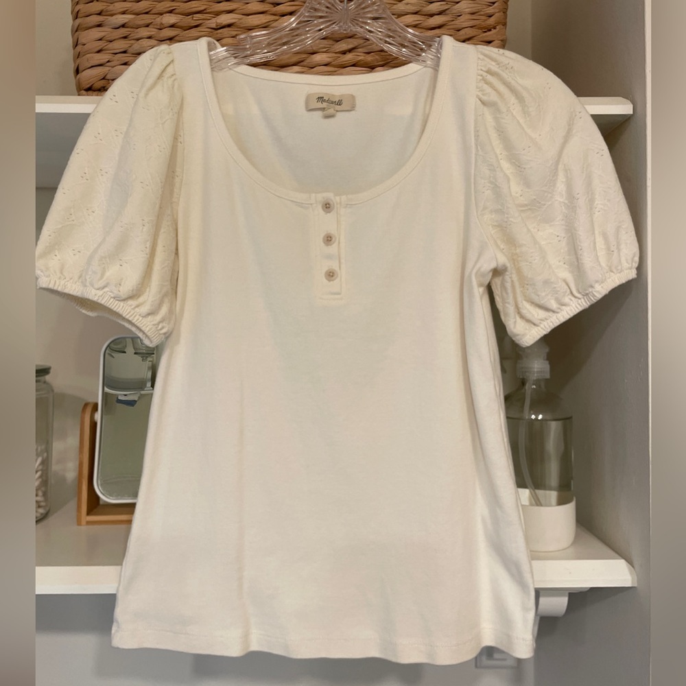 Madewell top with embroidered puff sleeves